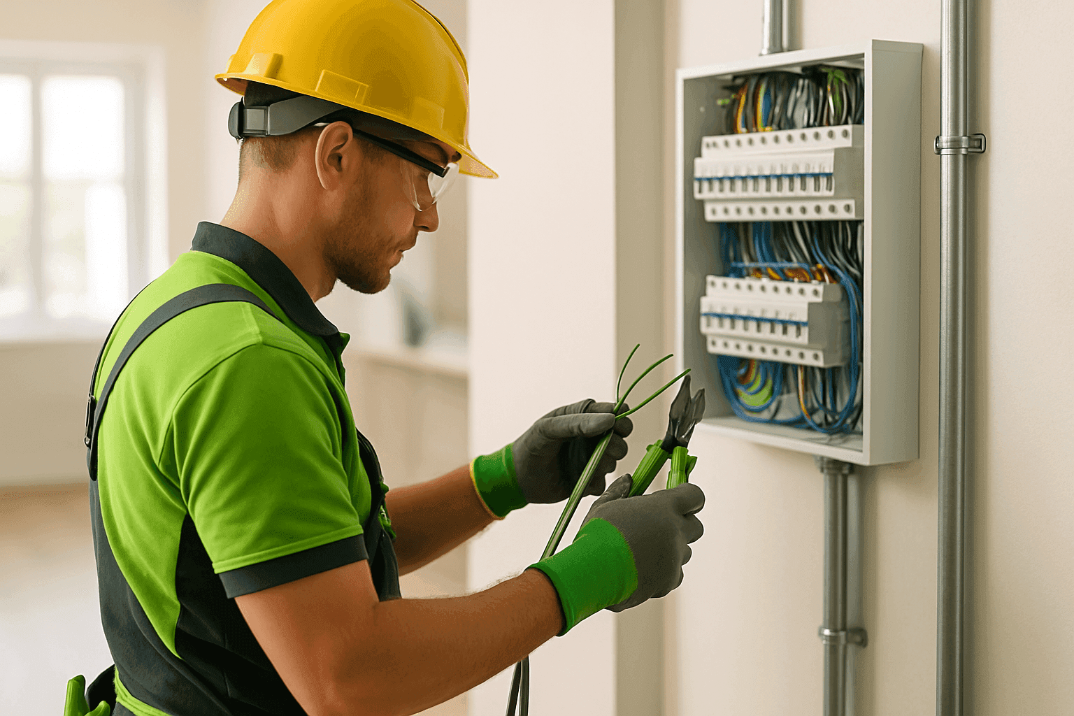 Electrician wearing safety gear working on wiring at a clean residential or commercial site