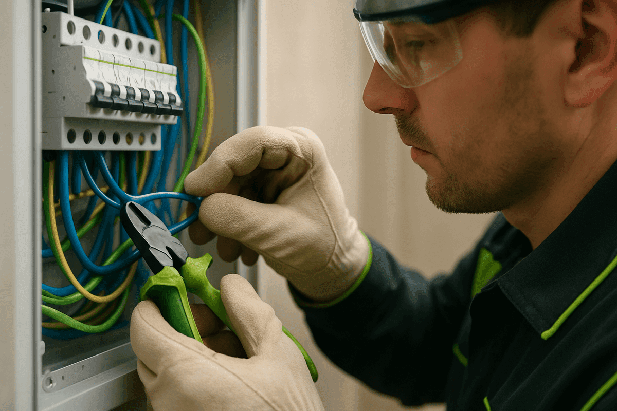 Close-up of electrician’s gloved hands connecting wires inside a modern electrical panel