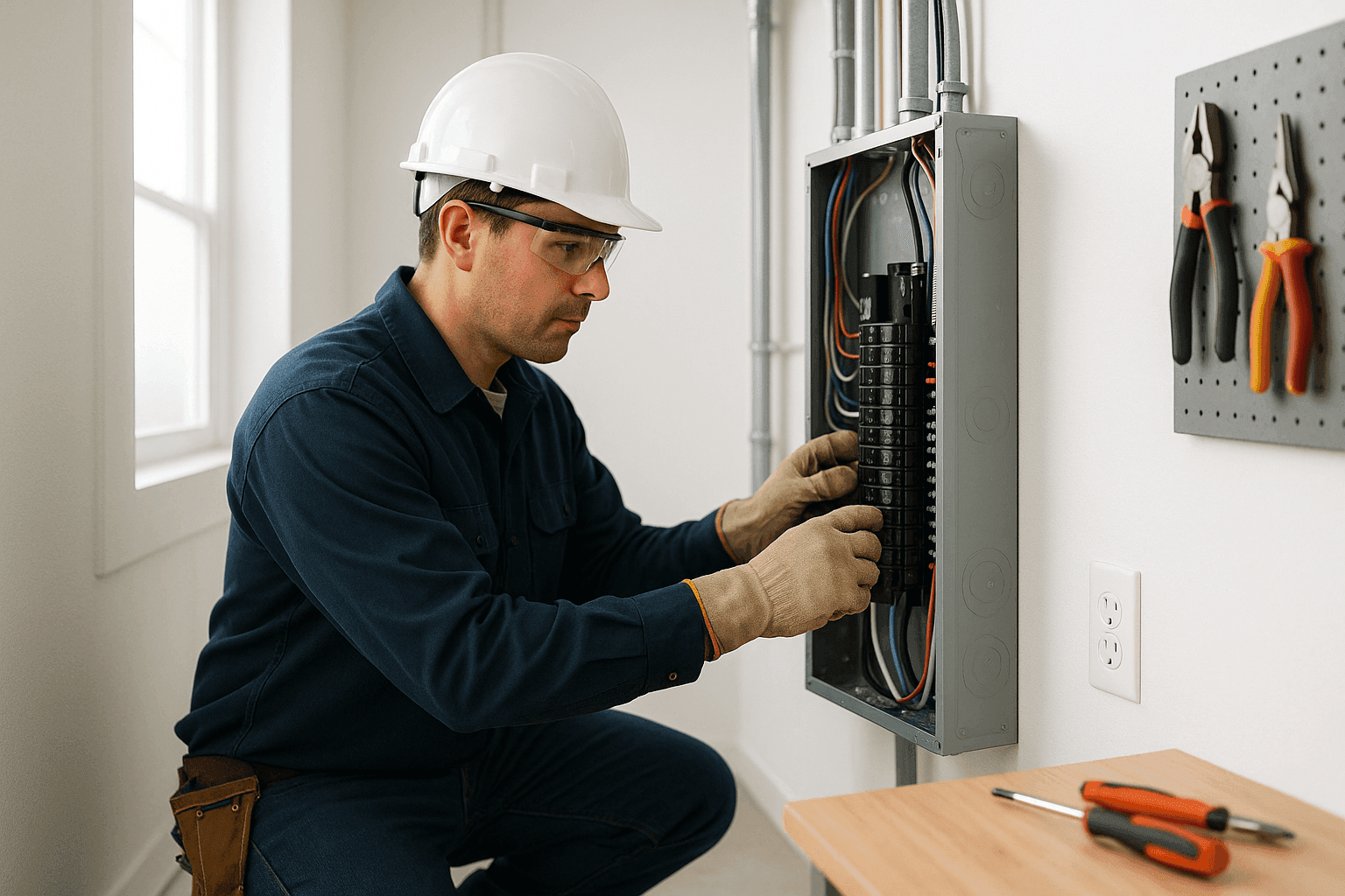 Electrician installing modern electrical panel in utility room