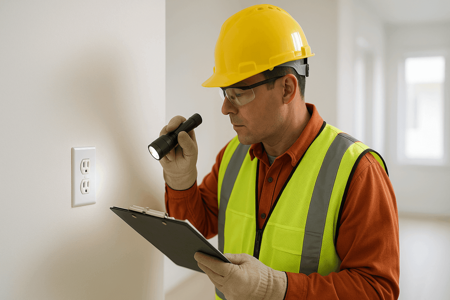 Electrician performing safety inspection with checklist and flashlight