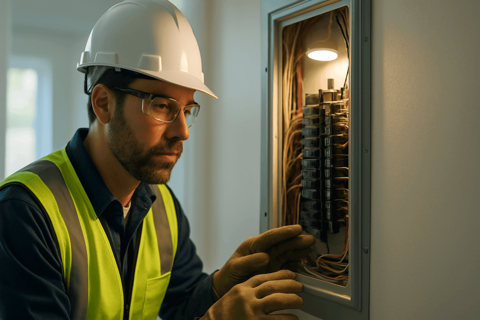 Technician assessing electrical panel during emergency call