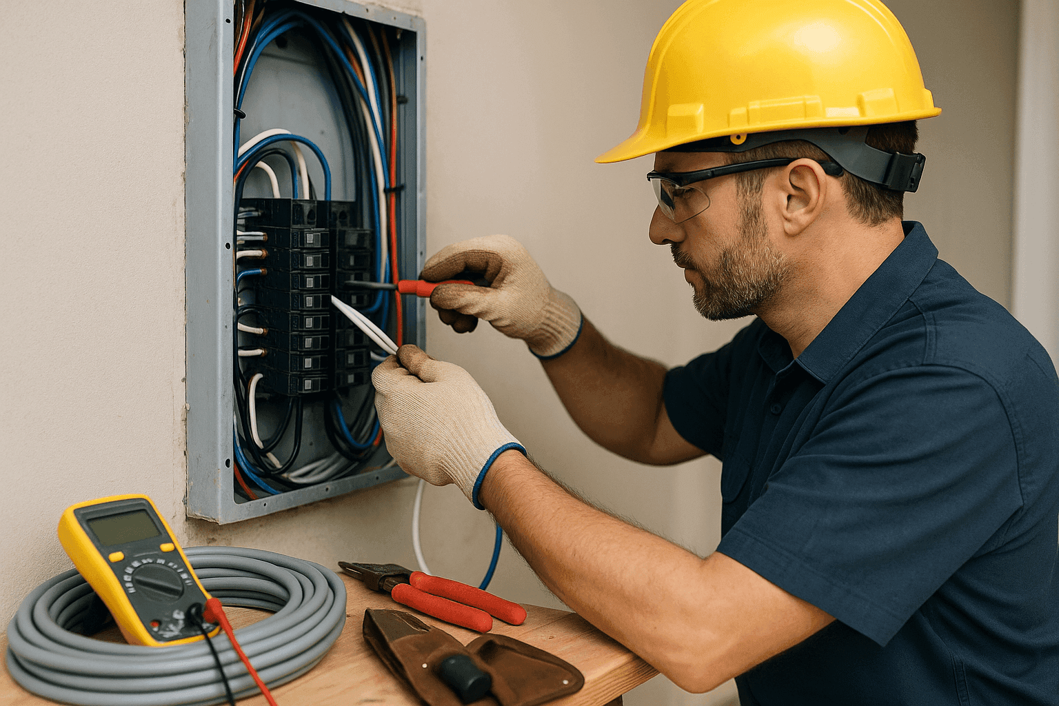 Electrician safely upgrading home electrical wiring inside a residential panel