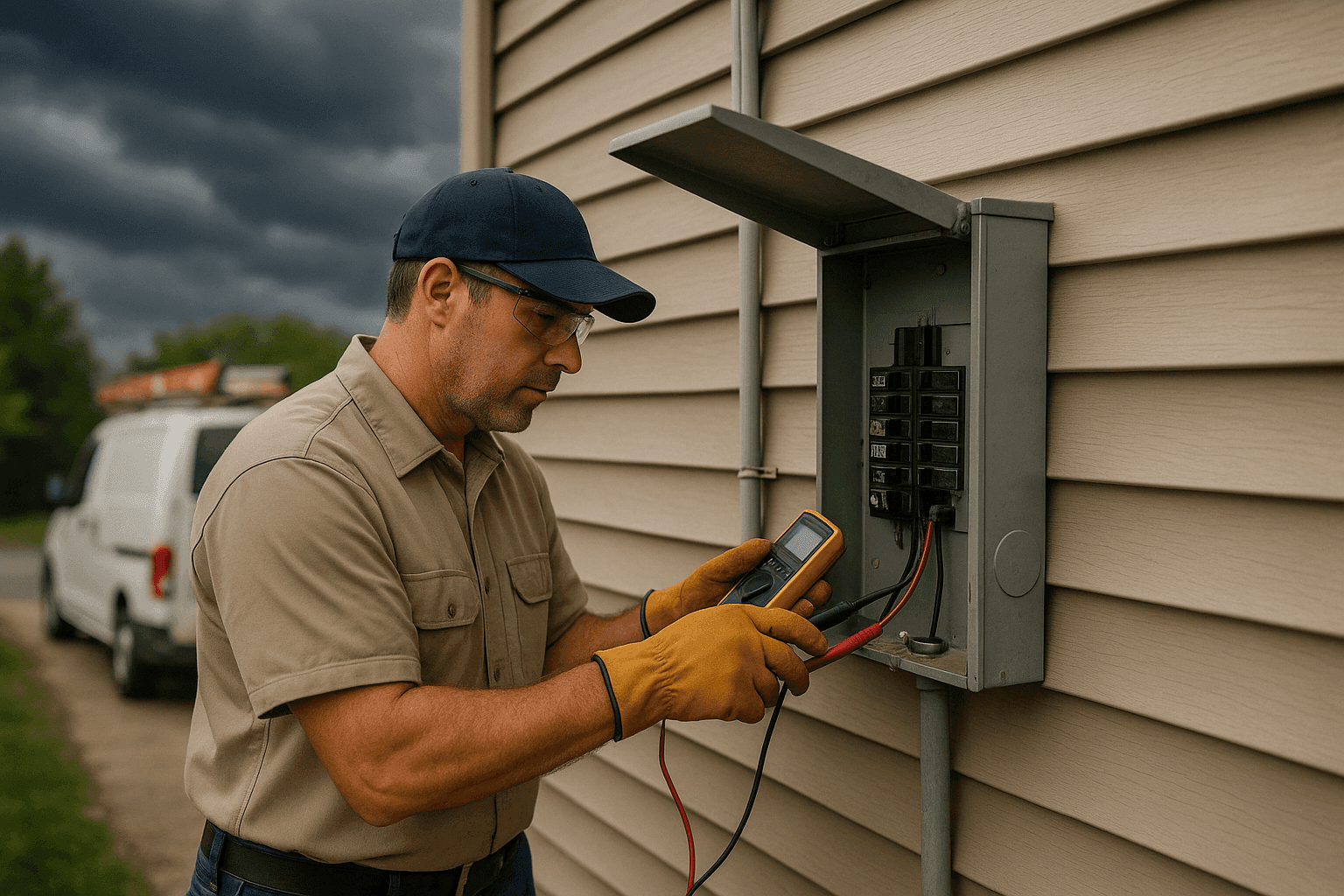 Homeowner checking outdoor electrical panel before a storm